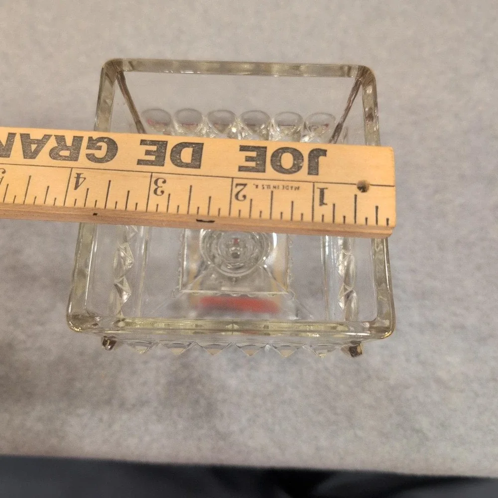 Vintage Clear Pressed Glass Square Pedestal Dish Gold Trim‎ Thumbprint Pattern